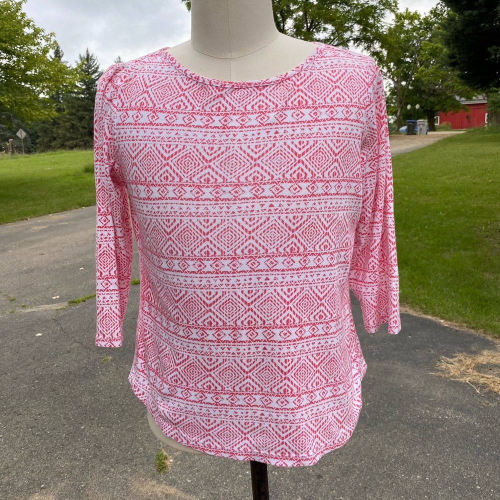 CHICO'S Ultimate Tee 2 (medium) pink/white Cotton 3/4 Sleeves 100% cotton